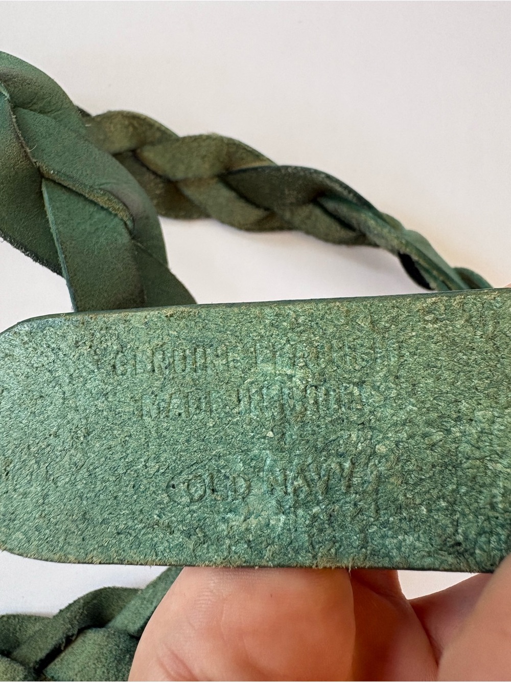 VNTG Old Navy Leather Green Braided Pleated Belt L Rivet Square Buckle Western - Picture 5 of 8